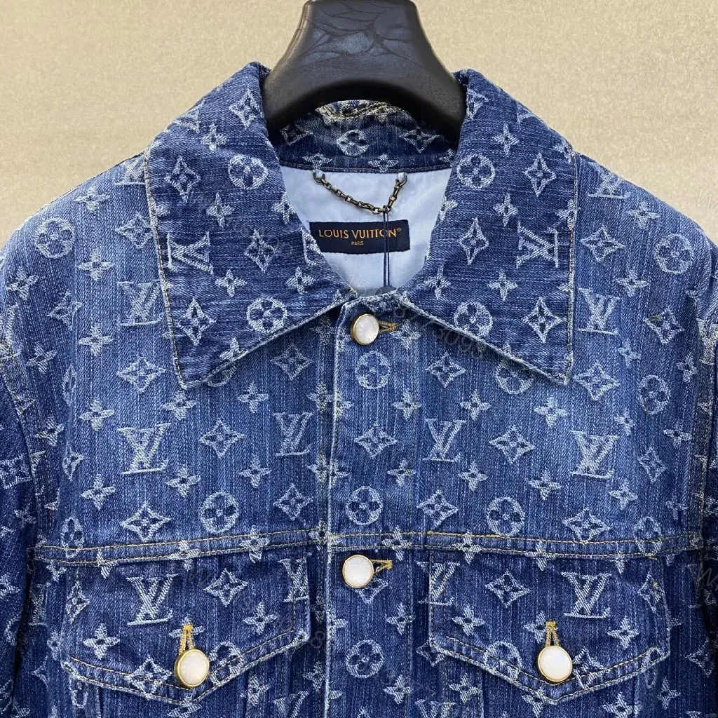 View 9 of Indigo Denim Trucker Jacket with Monogram Detail