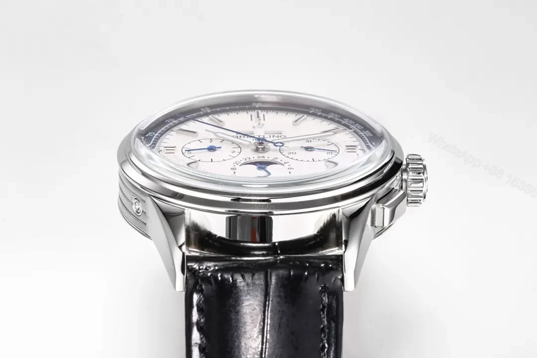 View 6 of V9 Factory Breitling Premier Series White Dial Black Leather Strap Chronograph Watch