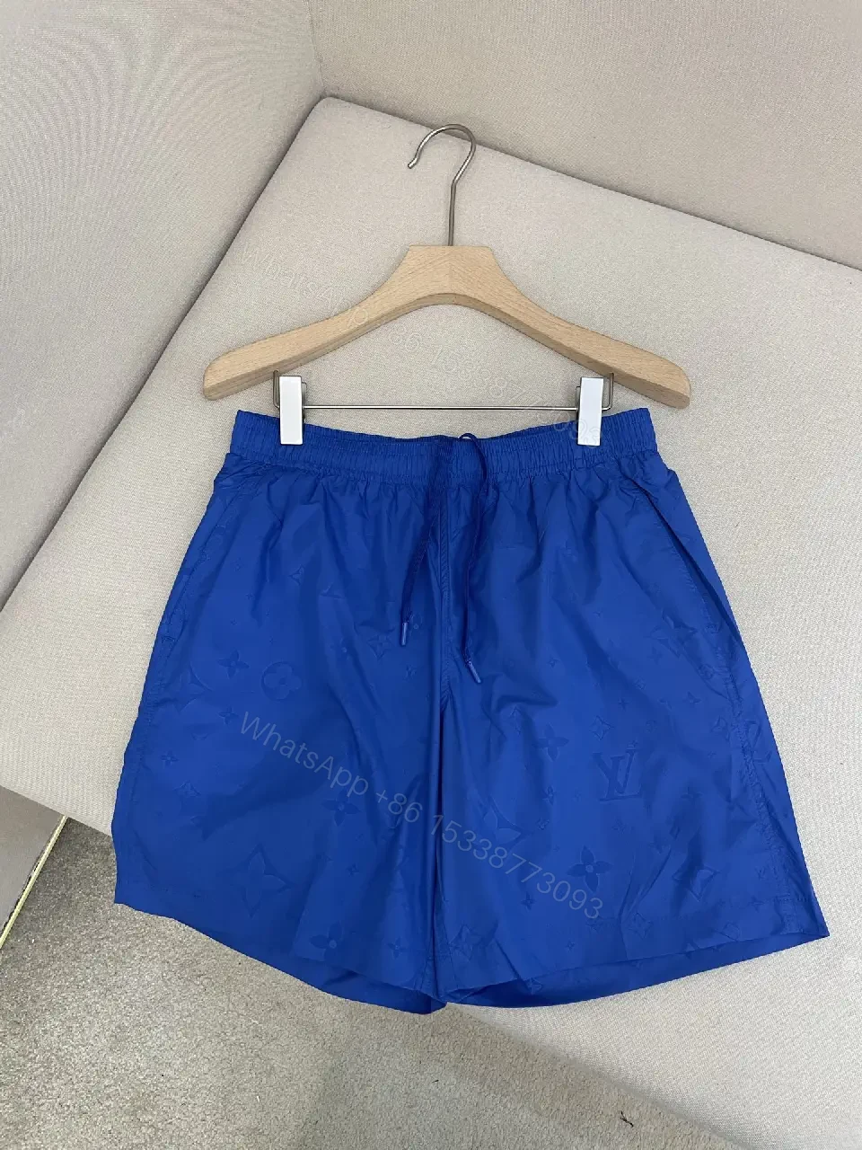 View 5 of Blue Silk-Like Drawstring Shorts, Louis Vuitton Monogram Style, Swim/Active Type