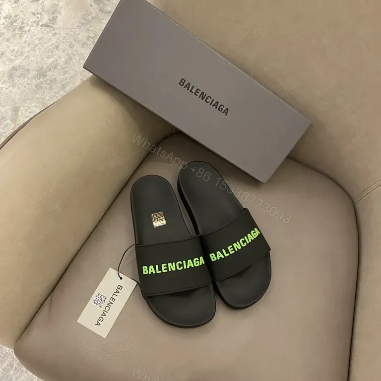 View 7 of Sleek Black Slides: Neon Balenciaga Logo, Allâ€‘Day Comfort