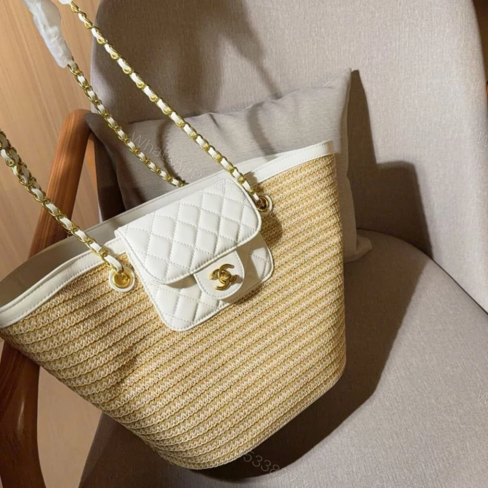 View 3 of Chanel Small Shopping Bag Braided Straw Beige White 25Cm