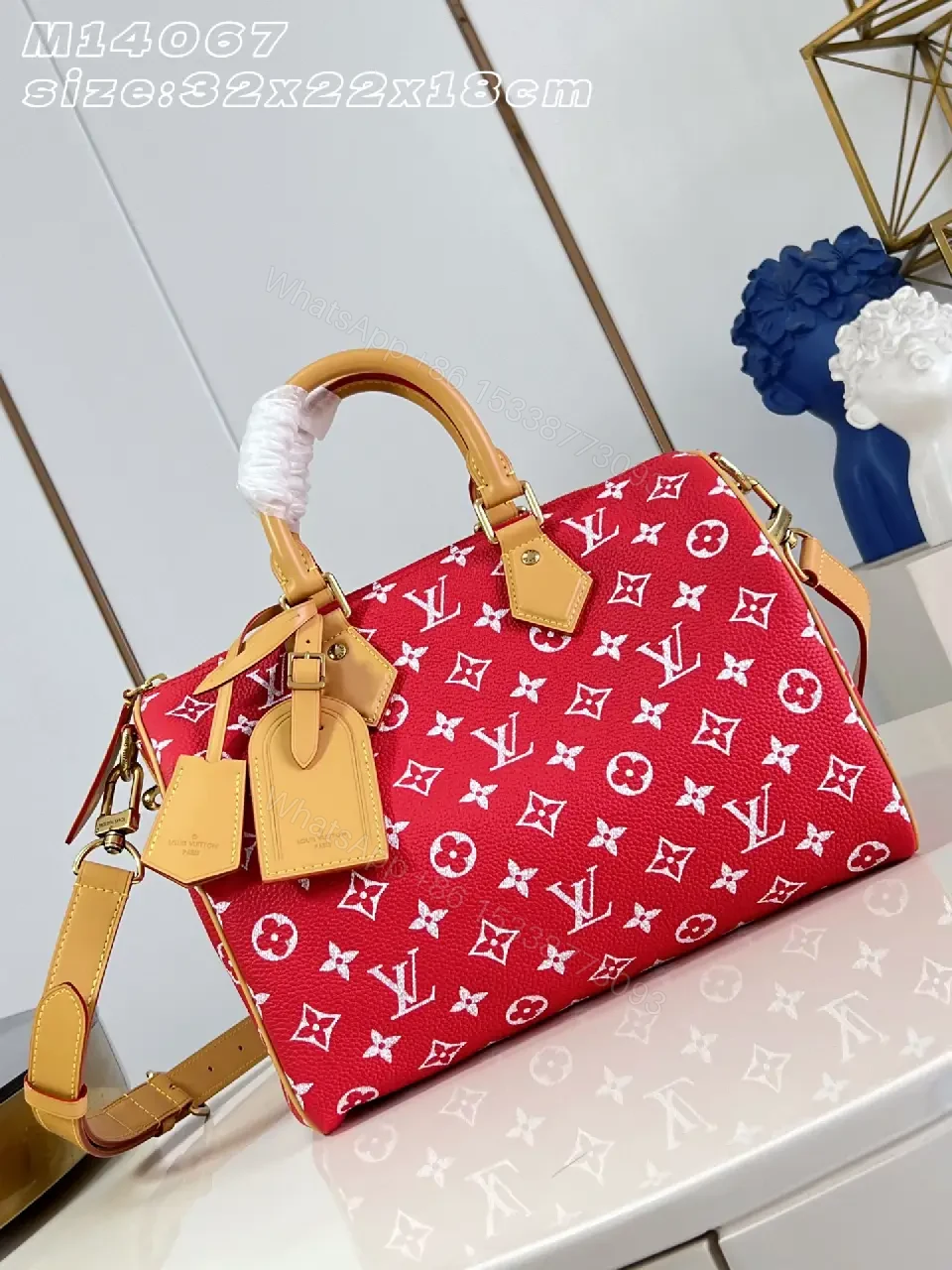 View 4 of Red Monogram-Pattern Leather Tote Bag with Tan Accents and Top Handles