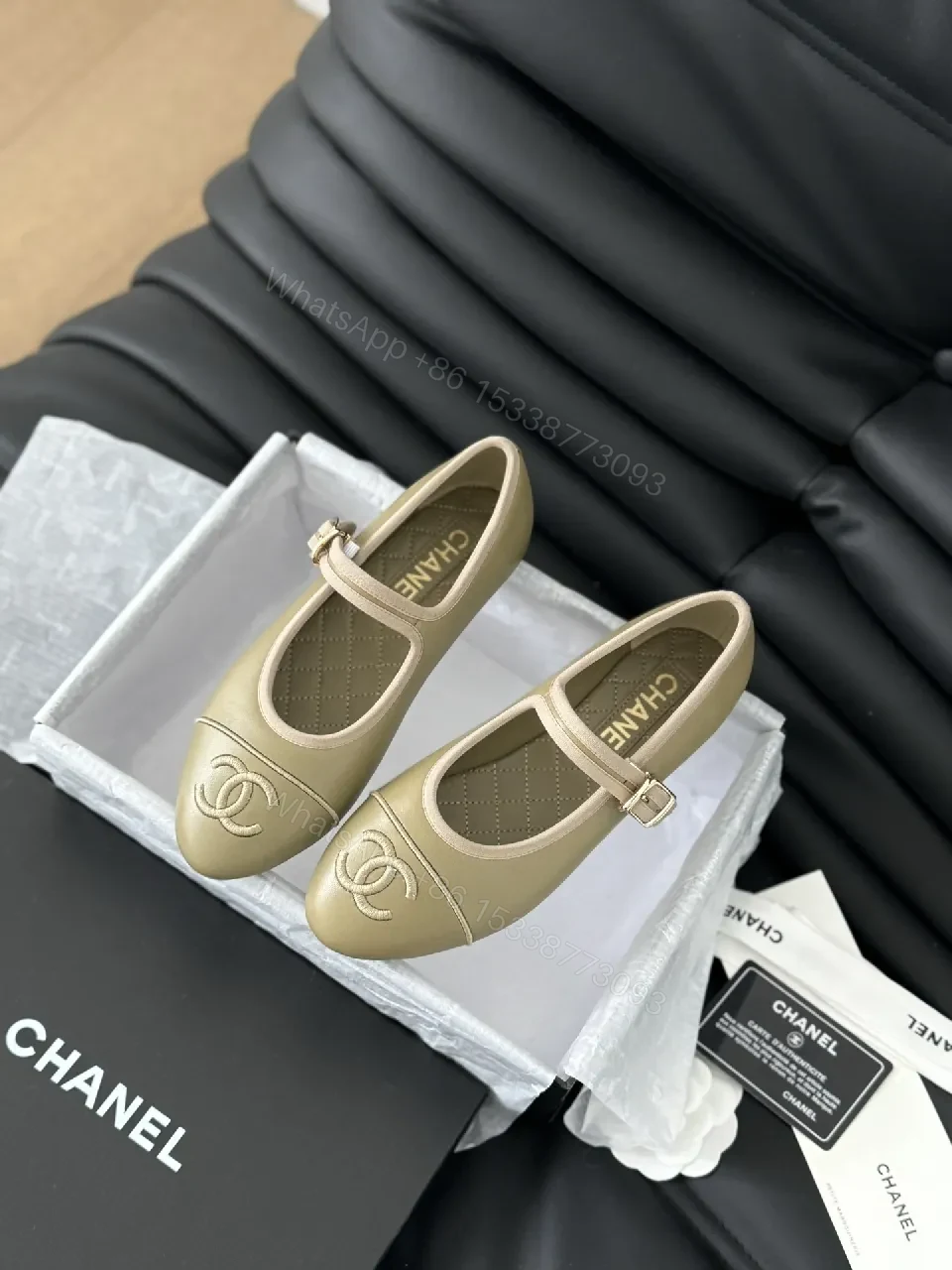 View 3 of Taupe Leather-Look Mary Jane Flats with Cushioned Insole