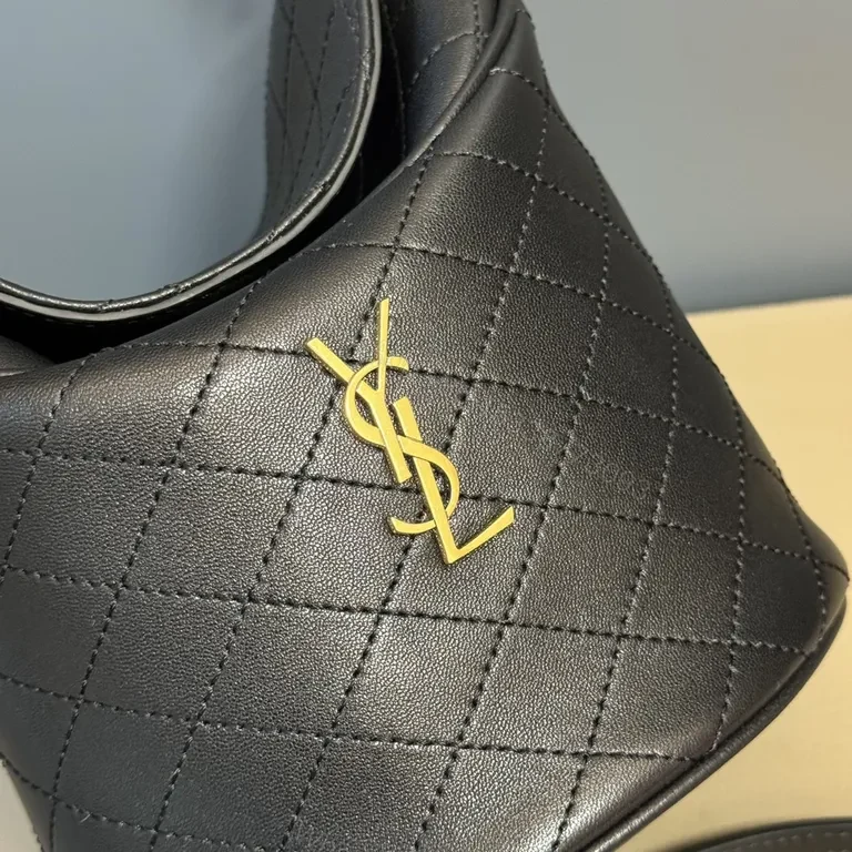 View 7 of Structured Black Quilted Bucket Bag with Gold Accents