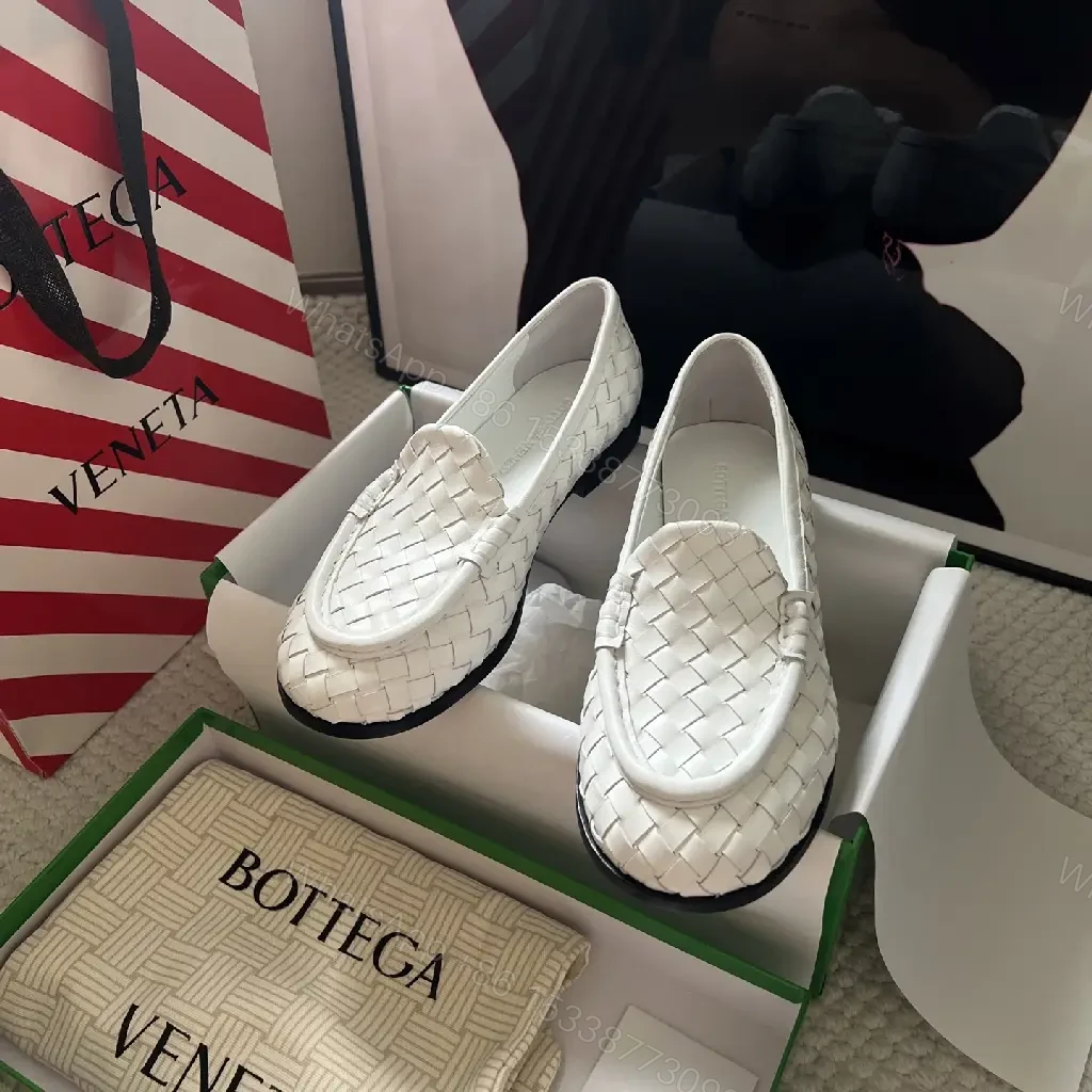 View 6 of White Leather Woven Loafers, Slip-On Style, Bottega Inspired Shoes