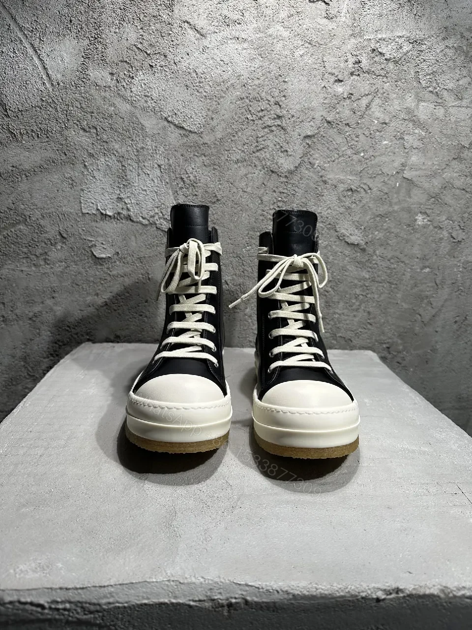 View 2 of Black Leather High-Top Sneakers with Off-White Accents