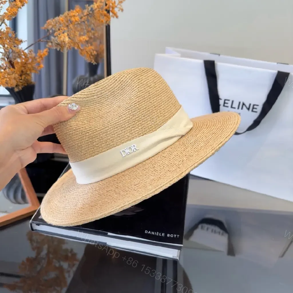 View 10 of Beige Straw Wide-Brim Hat Satin-Band Dior-Logo Crown