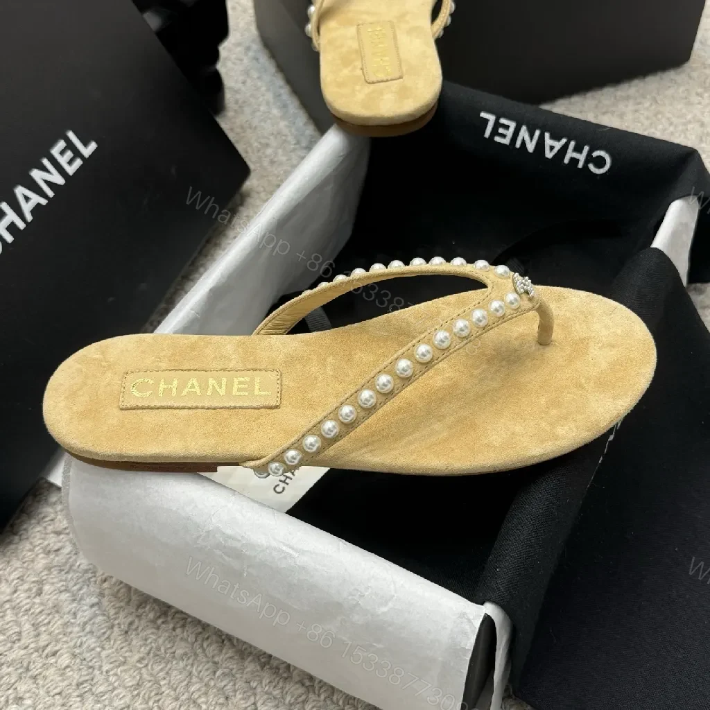 View 3 of Pearl-Trim Sandals: Suede Footbed, Beaded Straps, Beige Leather