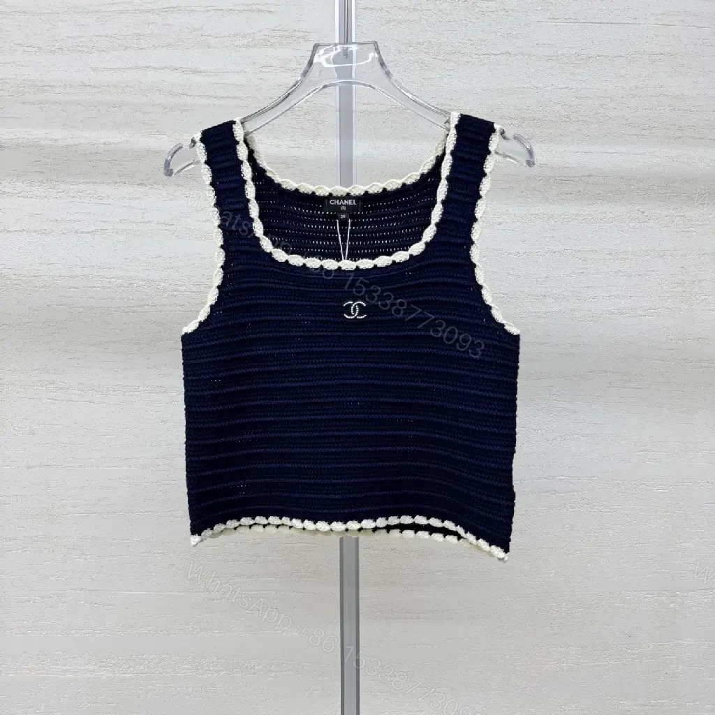 View 8 of Navy Knit Tank with Ivory Trim – Textured Luxury Top