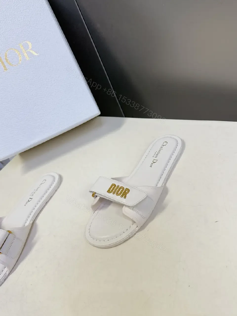 View 9 of White Leather Sandals: Luxe Minimalist Dior-Logo Strap Sandals