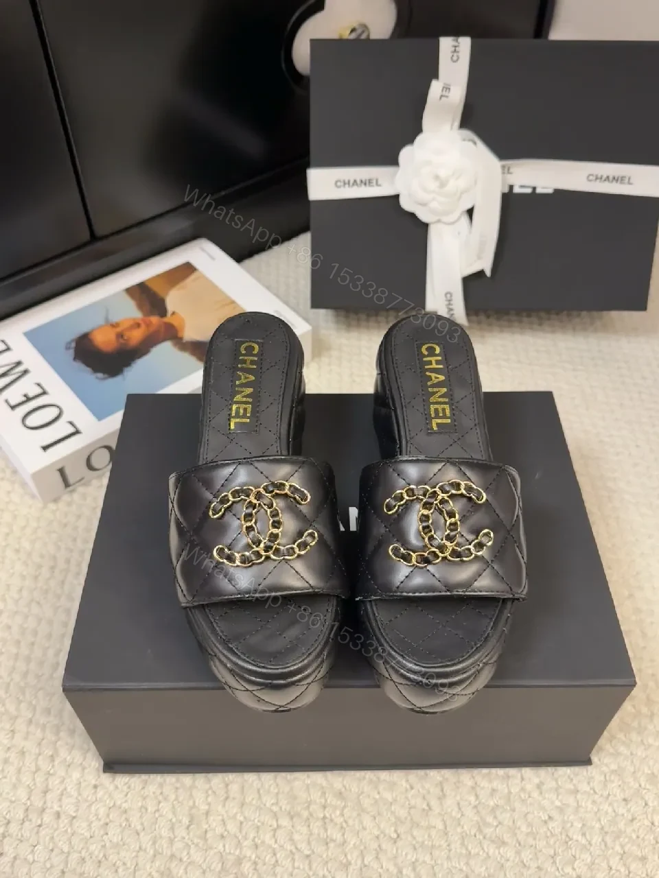 Chic Quilted Mules: Black Vegan Leather, Gold Logo Slide — view 1