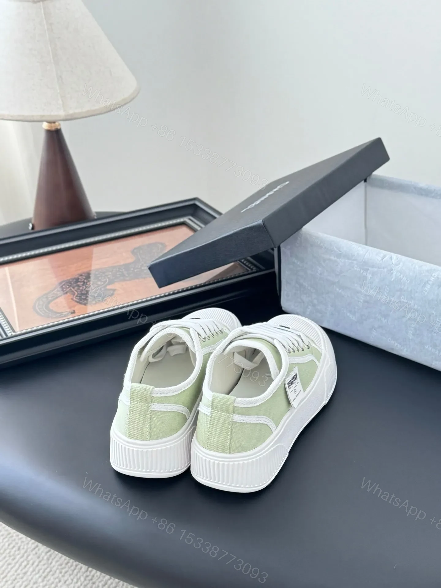 View 3 of Chanel Women Light Green Canvas Sneakers