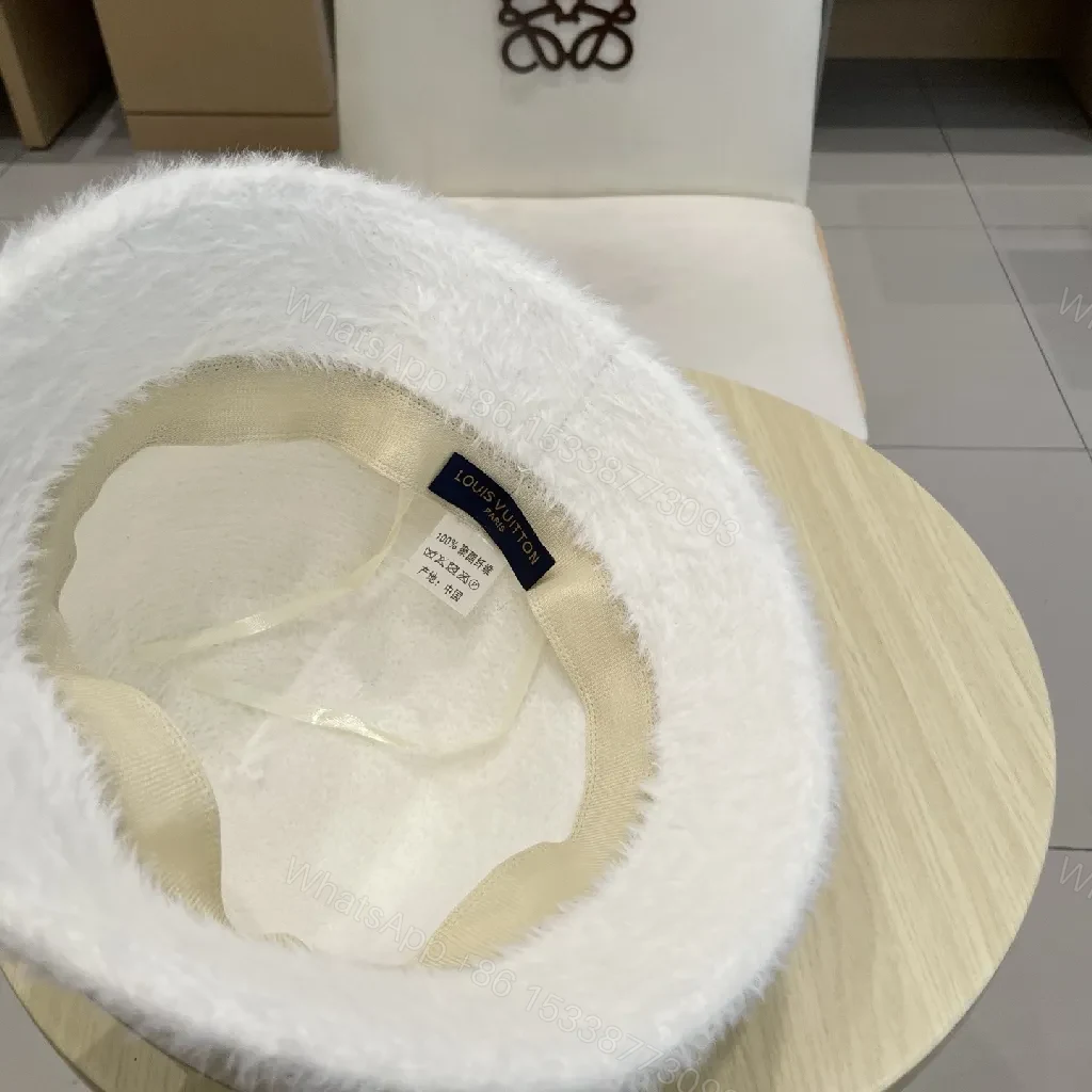 View 4 of White Fuzzy Bucket Hat - Pink Monogram Designer-Inspired Logo
