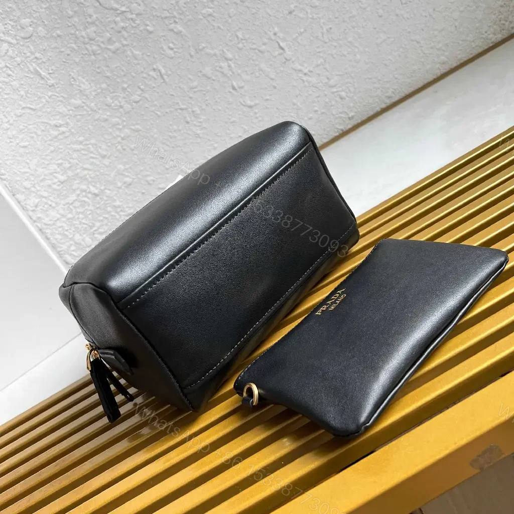 View 5 of Black Leather Structured Handbag with Gold Zipper Pouch - Prada Milano Style