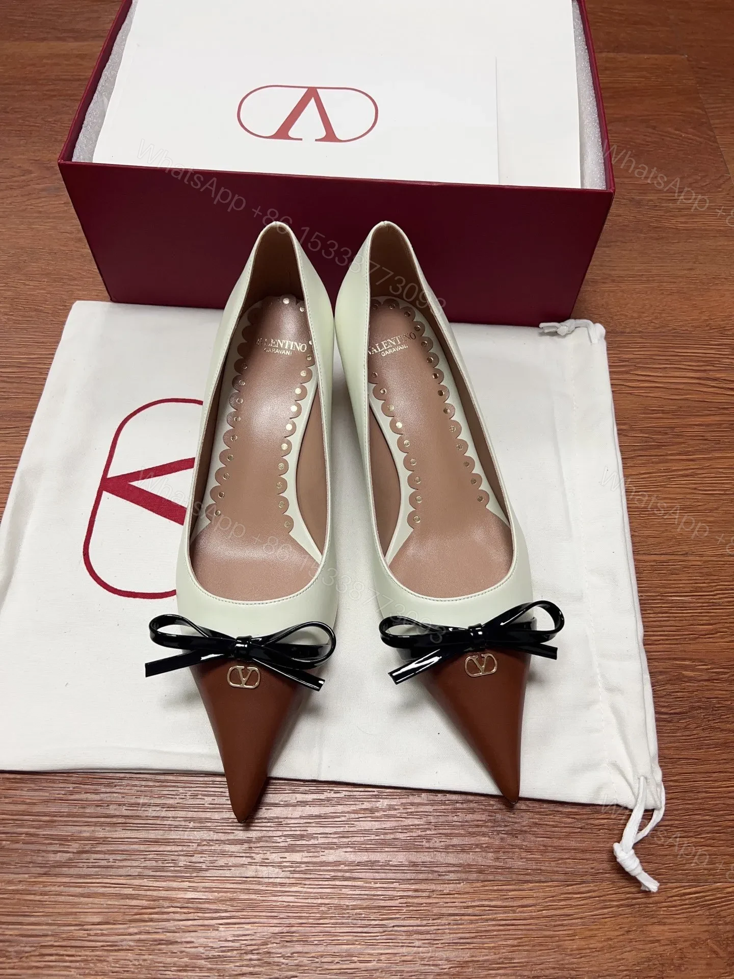 Valentino Women Ivory Leather Brown Patent Heels — view 1
