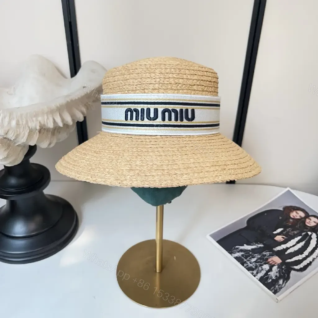 View 8 of Light Tan Straw Hat Wide Brim Flat Crown White Band Blue Stripes MIU MIU Visor Hat
