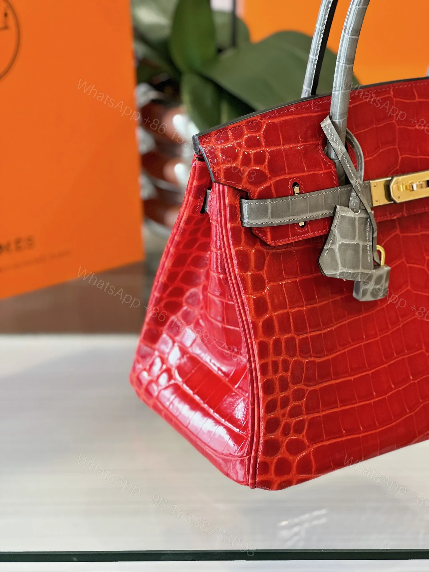 View 3 of HN 30 Red/Liam Blue Genuine Crocodile Leather Gold Hardware. – Custom Made
