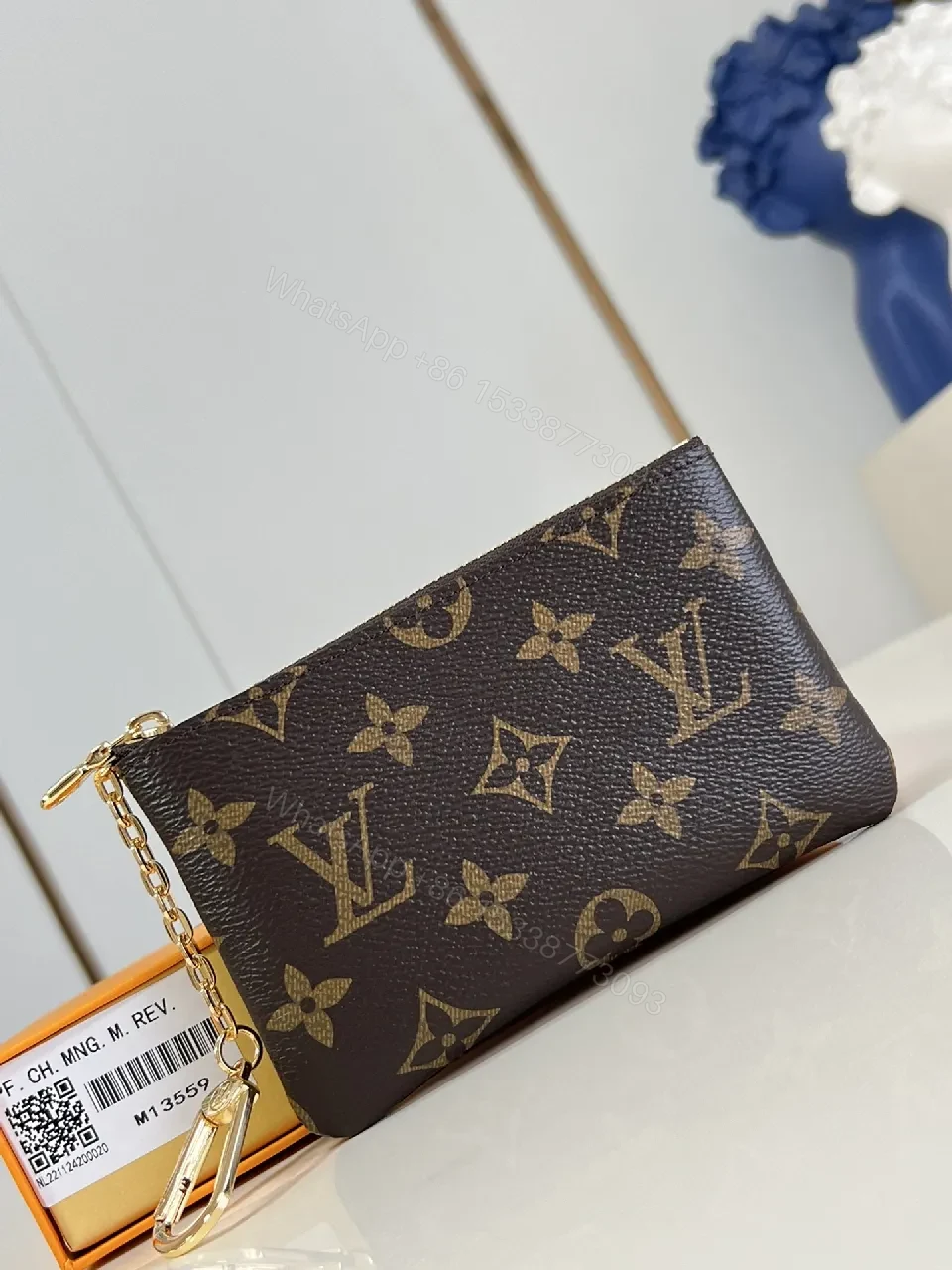 View 4 of Brown Monogram Luxe Compact Wallet with Gold Zipper