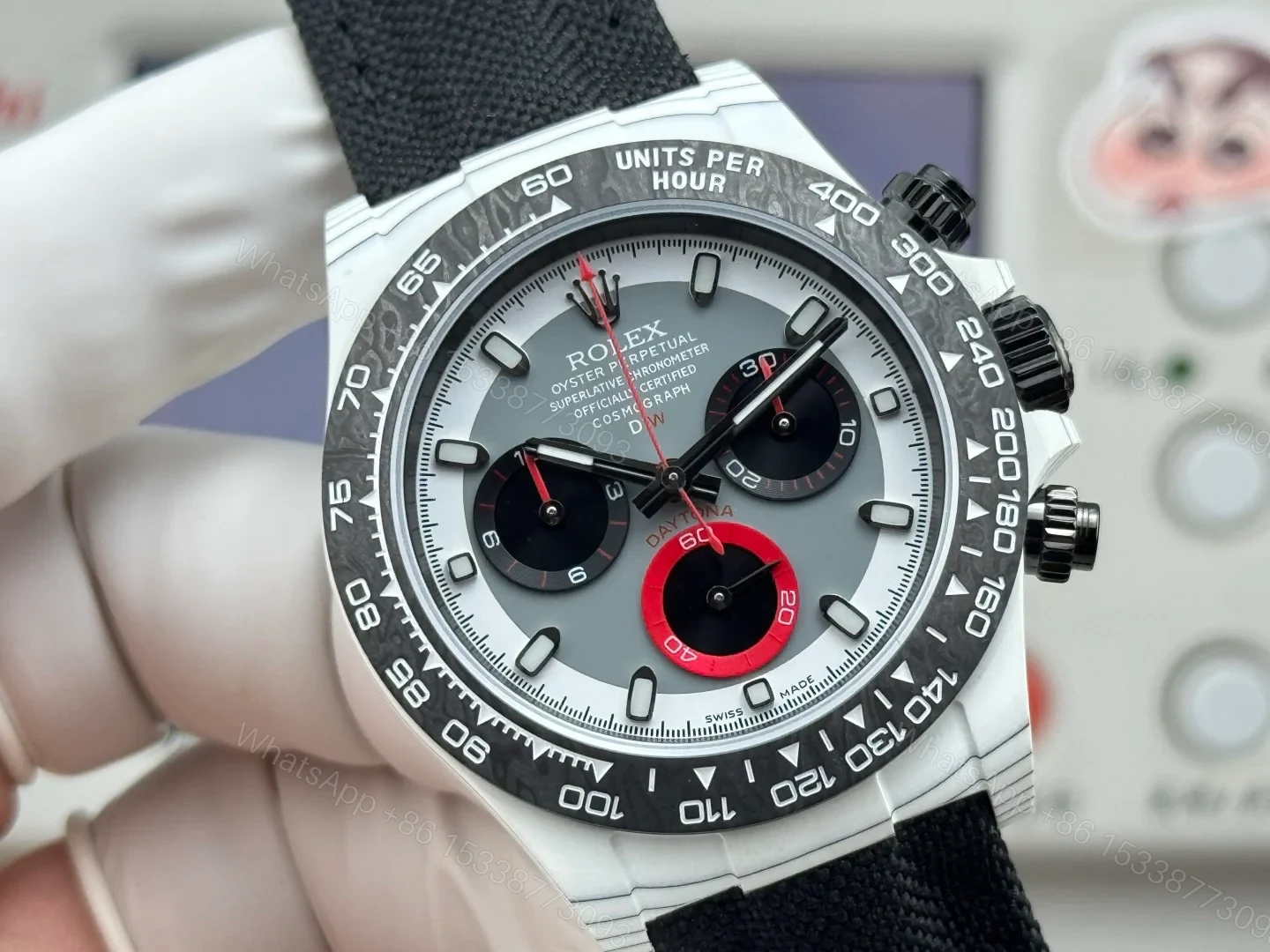 View 4 of Rolex Daytona Carbon Fiber Replica 40MM Premium Black Fabric Strap Custom Edition RG-ROLEX-DAYTONA-BLACK-FIBER