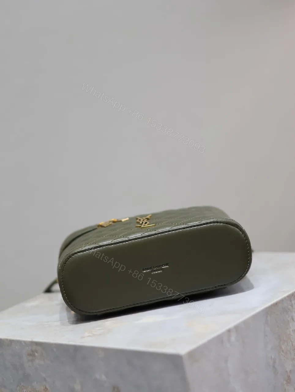 View 4 of Compact Olive Quilted Crossbody with Gold Hardware