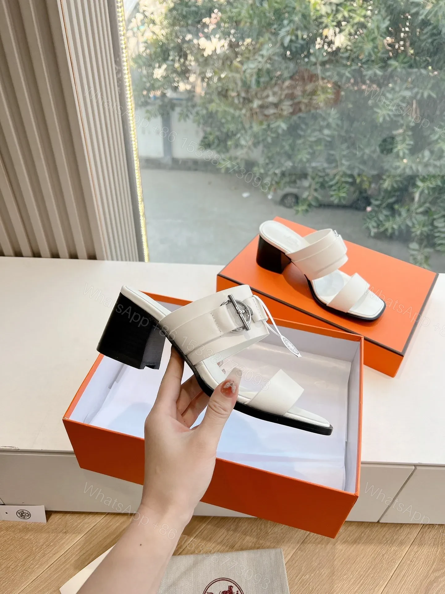 View 5 of Hermes Women White Leather Buckle Sandals