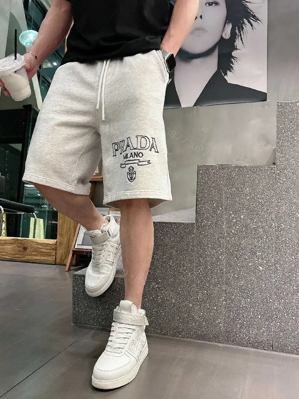 View 3 of Gray Hoodie Shorts Fabric Streetwear Drawstring Shorts