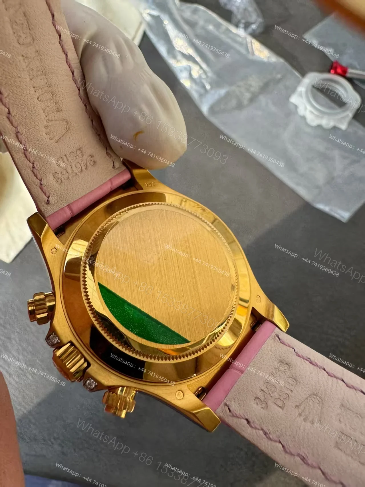 View 8 of Rolex Daytona 126538TRO Pink Dial with Diamond Indexes Pink Sapphire Bezel on Pink Leather Strap Best Super Clone