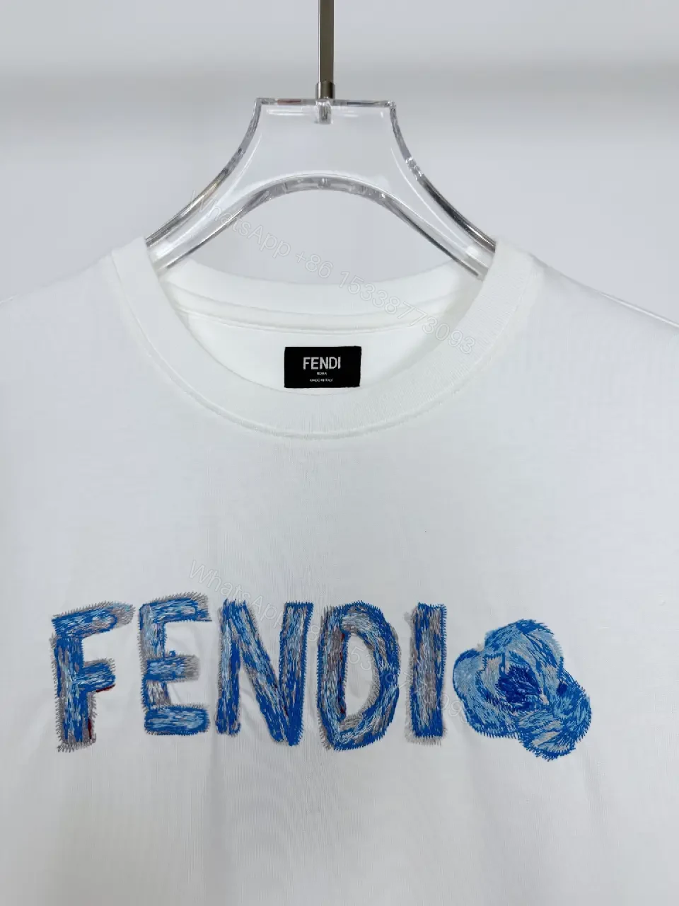 View 3 of Lightweight White Cotton Tee + Embroidered Blue Logo + Minimalist + Designer Flair + T-Shirt