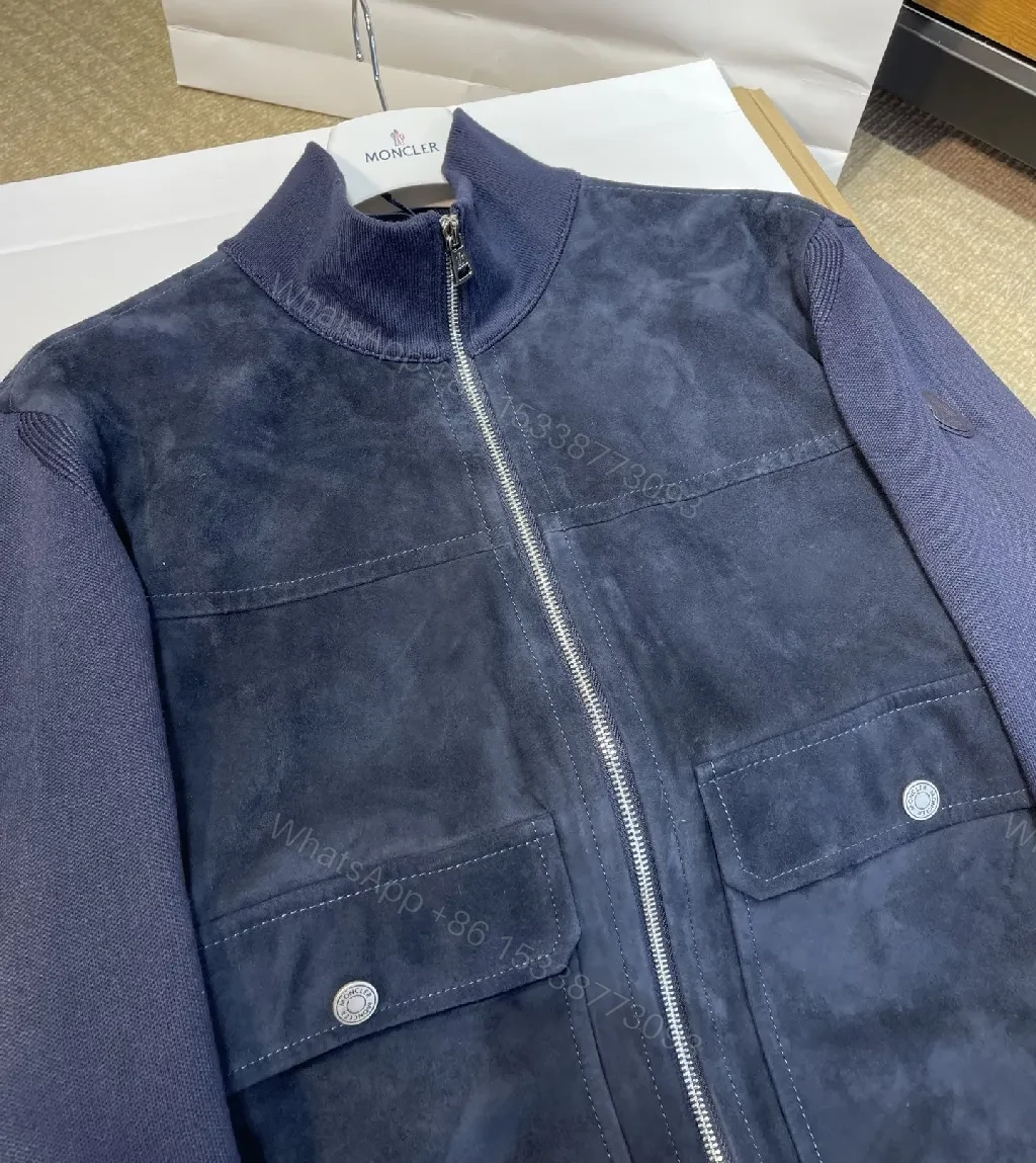 View 7 of Navy Suede-Texture Hybrid Jacket with Knit Sleeves
