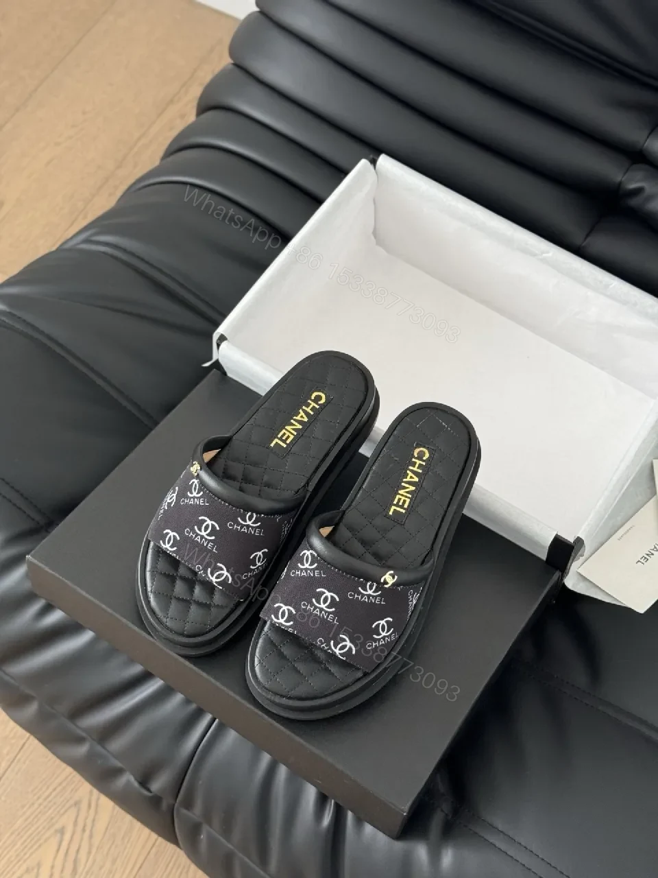 View 2 of Black quilted slide sandals, faux leather, luxe casual, cushioned footbed, slide sandal