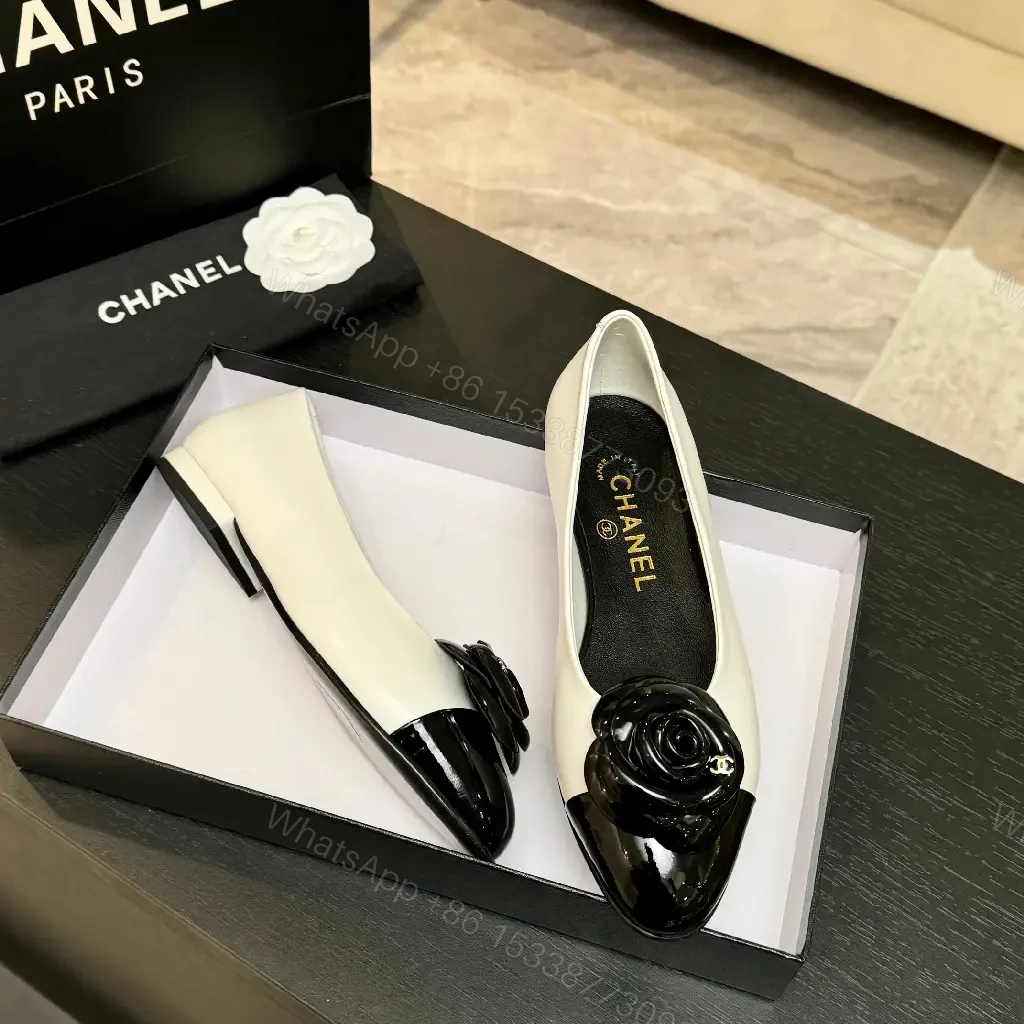 View 5 of Chic White & Black Ballet Flats with Rose Embellishment