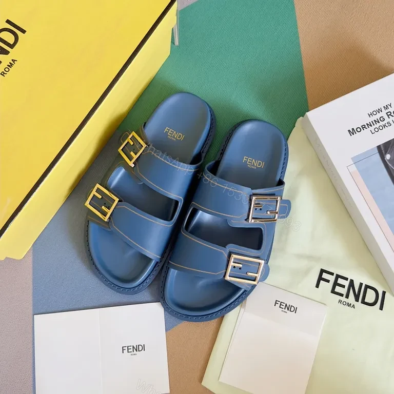View 6 of Sky-Blue Fendi Leather Slide with Architectural Straps