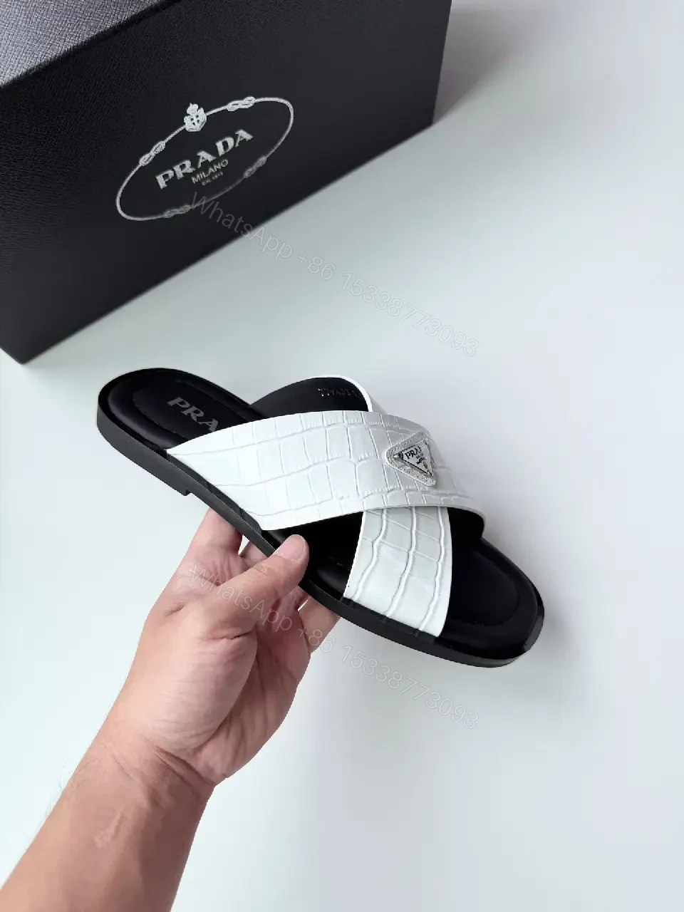 View 7 of White Crocodile-Texture Prada Slides Classic Casual Sandals