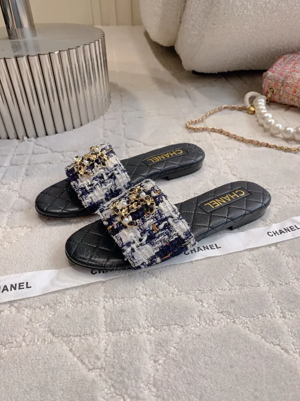 View 9 of Textured Tweed Slide Sandals with Interlock Detail