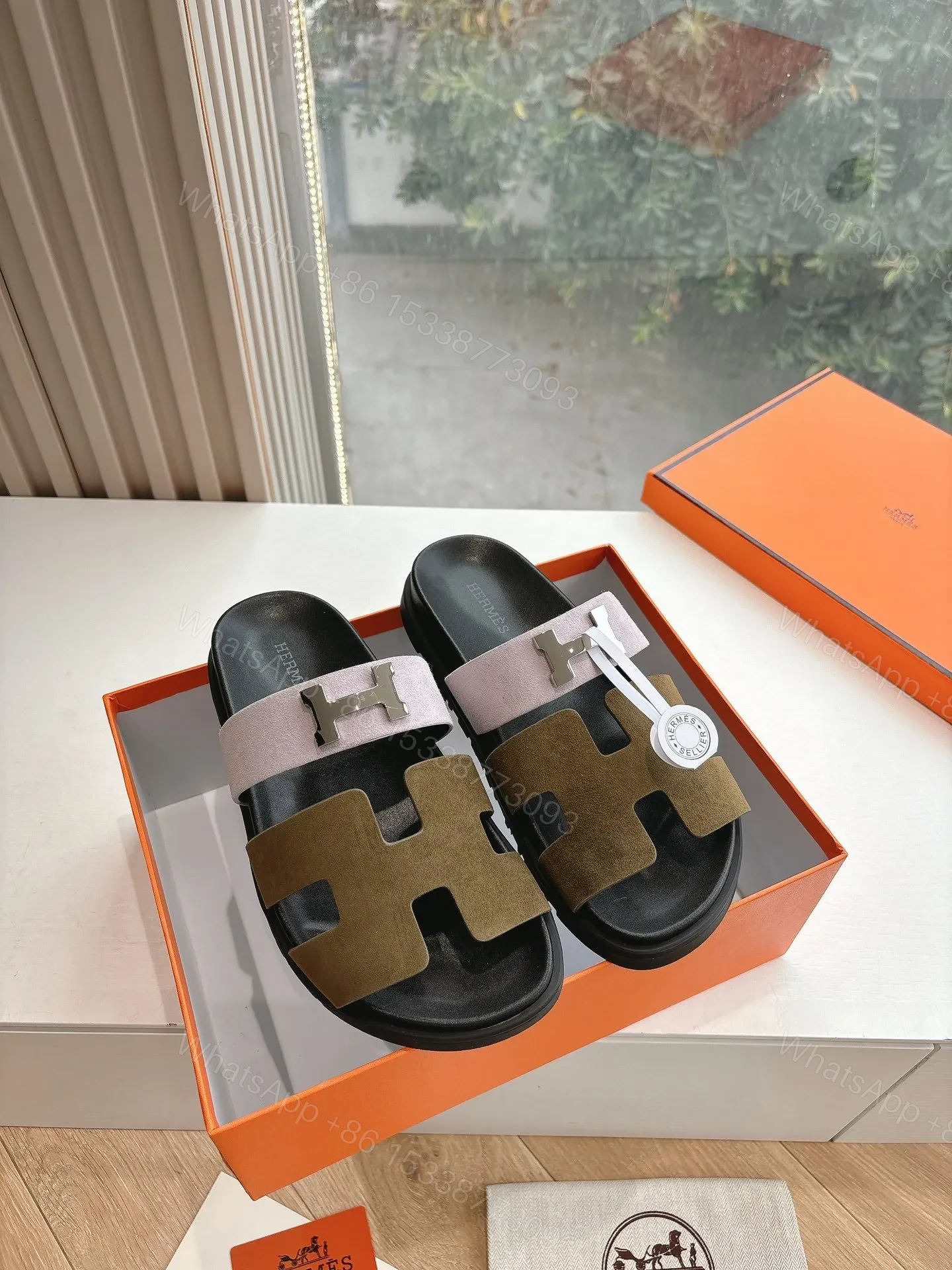 View 3 of Hermes Women Pink And Olive Suede Sandals