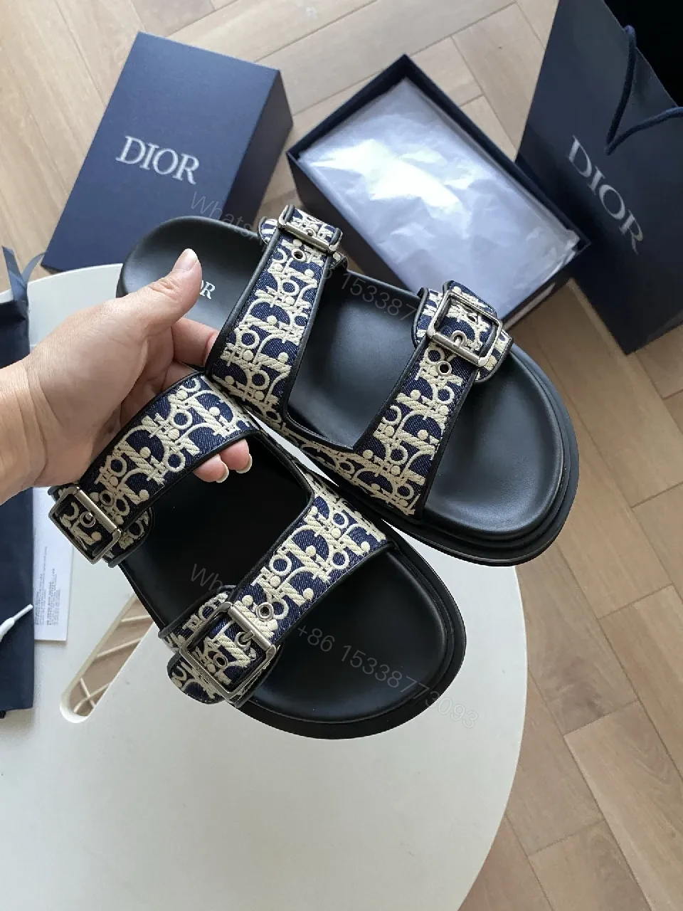 View 2 of Black Monogram Straps Sandals, Leather-Trim, Luxe Casual Comfort