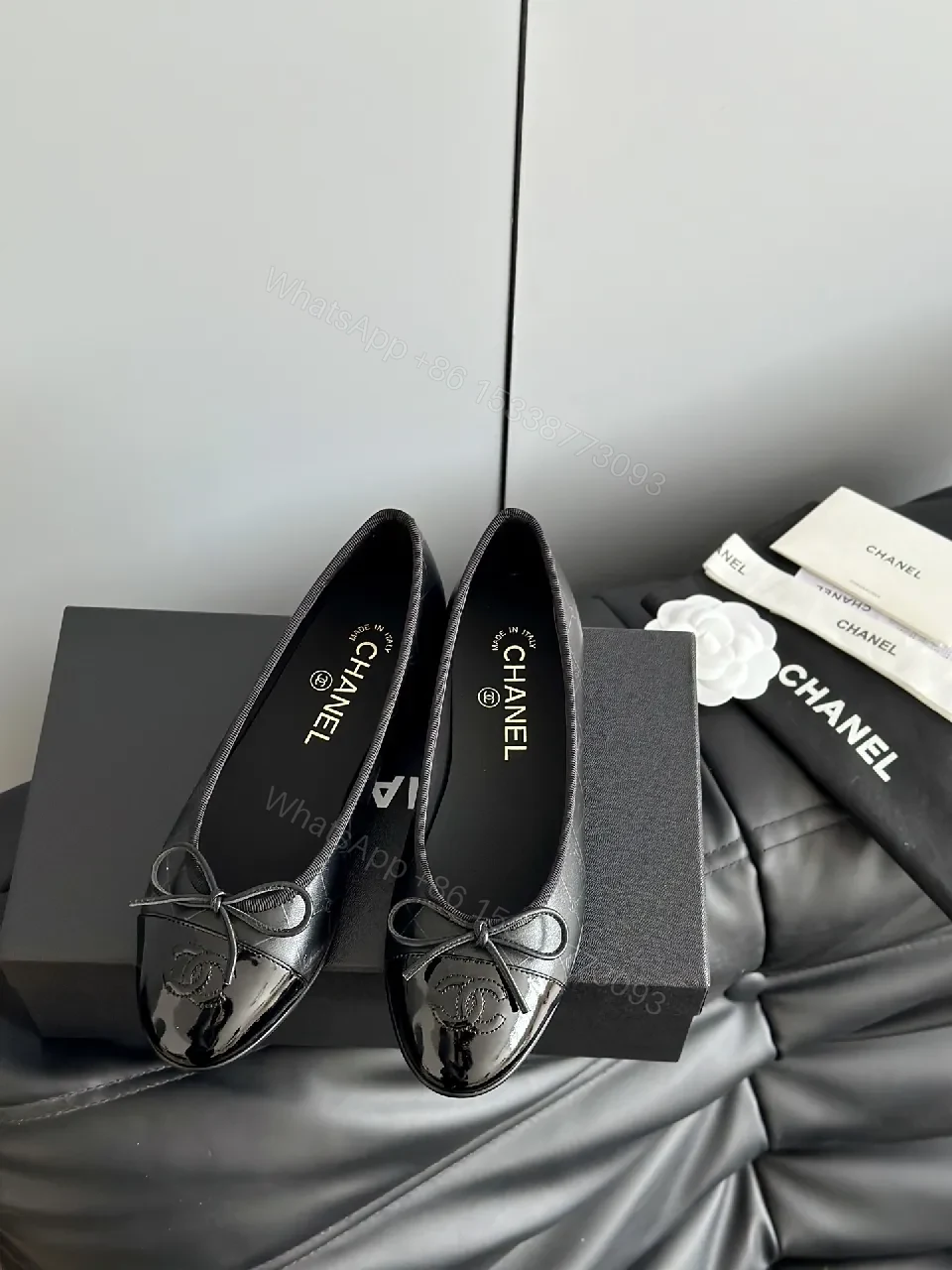 Chic Patent Leather Ballet Flats with Bow Accent, Black — view 1