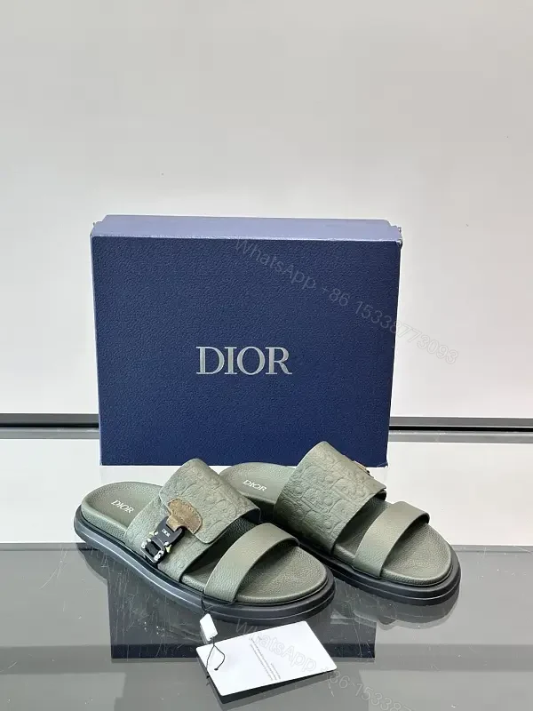 Olive Green Embossed Leather Sliders Sandals — view 1