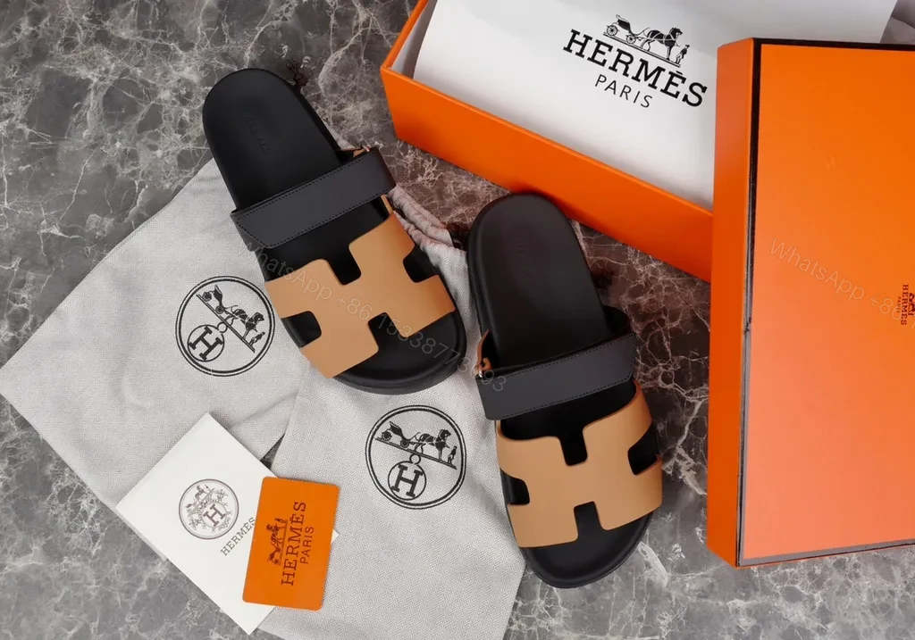 Hermes Oran Leather Slides — H-Cutout, All-Day Comfort, Black/Tan — view 1
