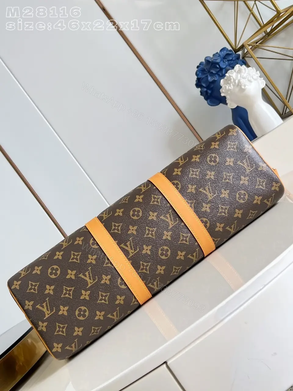 View 7 of Monogram Barrel Bag: Tan Leather Trim, Structured Travel Essential