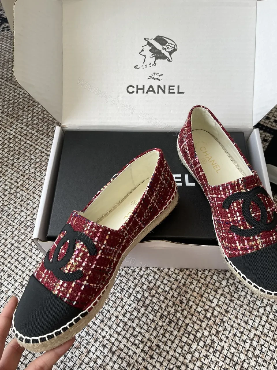 View 5 of Red Tweed Espadrille Loafer with Double-C Logo