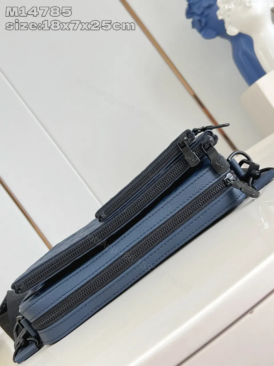 View 4 of Blue Monogram Wallet-on-a-Strap: Compact, Multi‐Compartment Leather-style