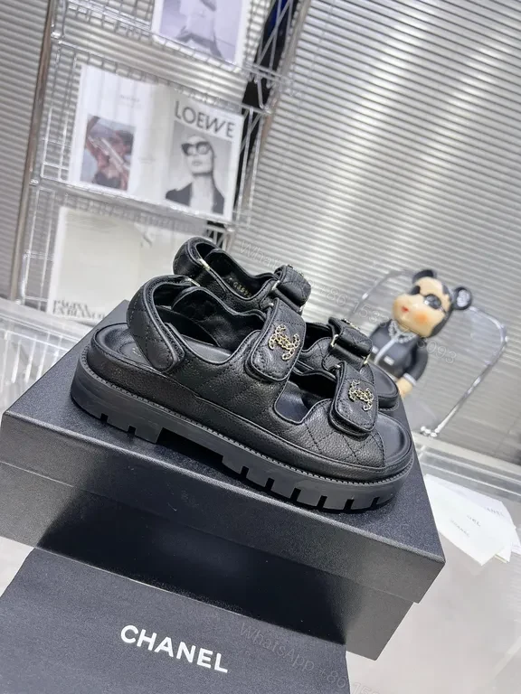 View 4 of Black Leather Sandals with Chanel Hardware â€“ Luxury Comfort Sandals