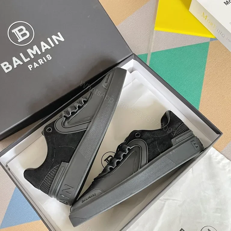 View 8 of Monochrome Mastery: Black Leather Balmain Sneaker, Luxury Casual