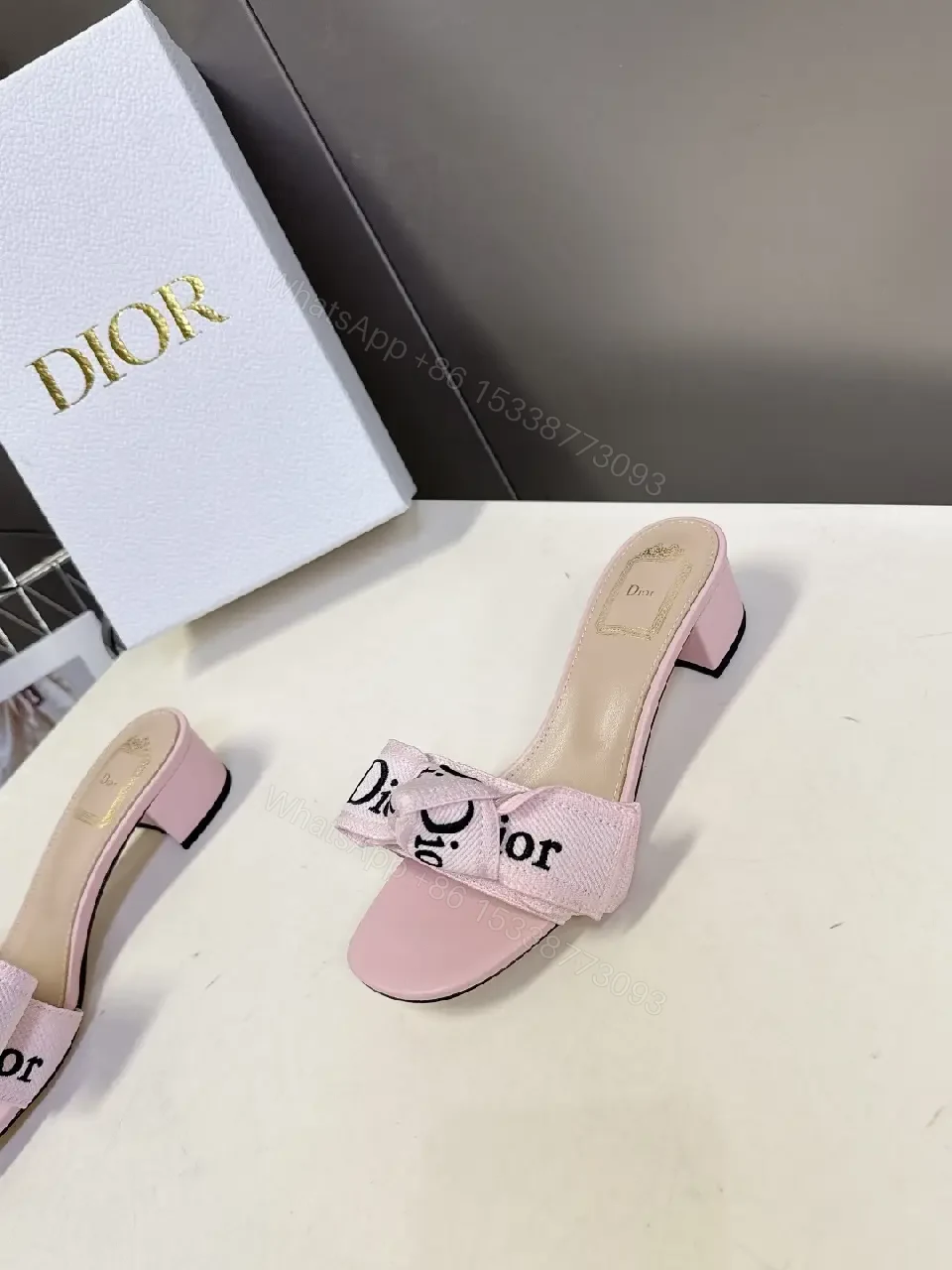 View 5 of Pink Leather Slide Sandals Dior Ribbon Bow Modern Glam Comfort Block Heel Sandal