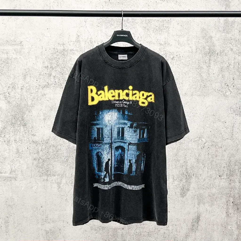 View 9 of Dark Charcoal/Black Oversized Graphic Tee with Yellow Balenciaga Logo