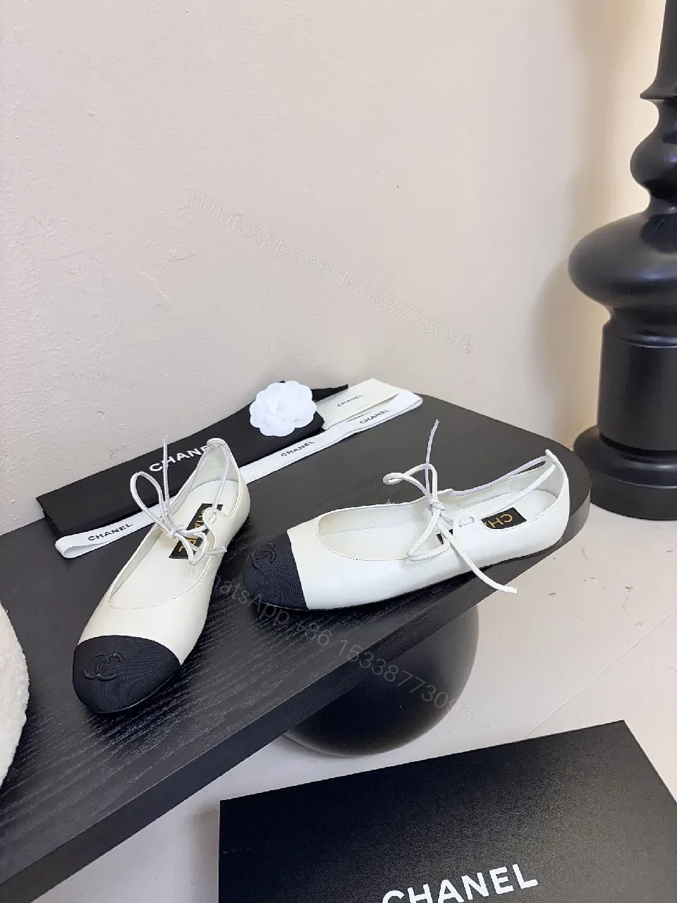 View 4 of White/Black Two-Tone Ballet Flats – Crisscross Lace, Cushioned Comfort, Flat Shoes