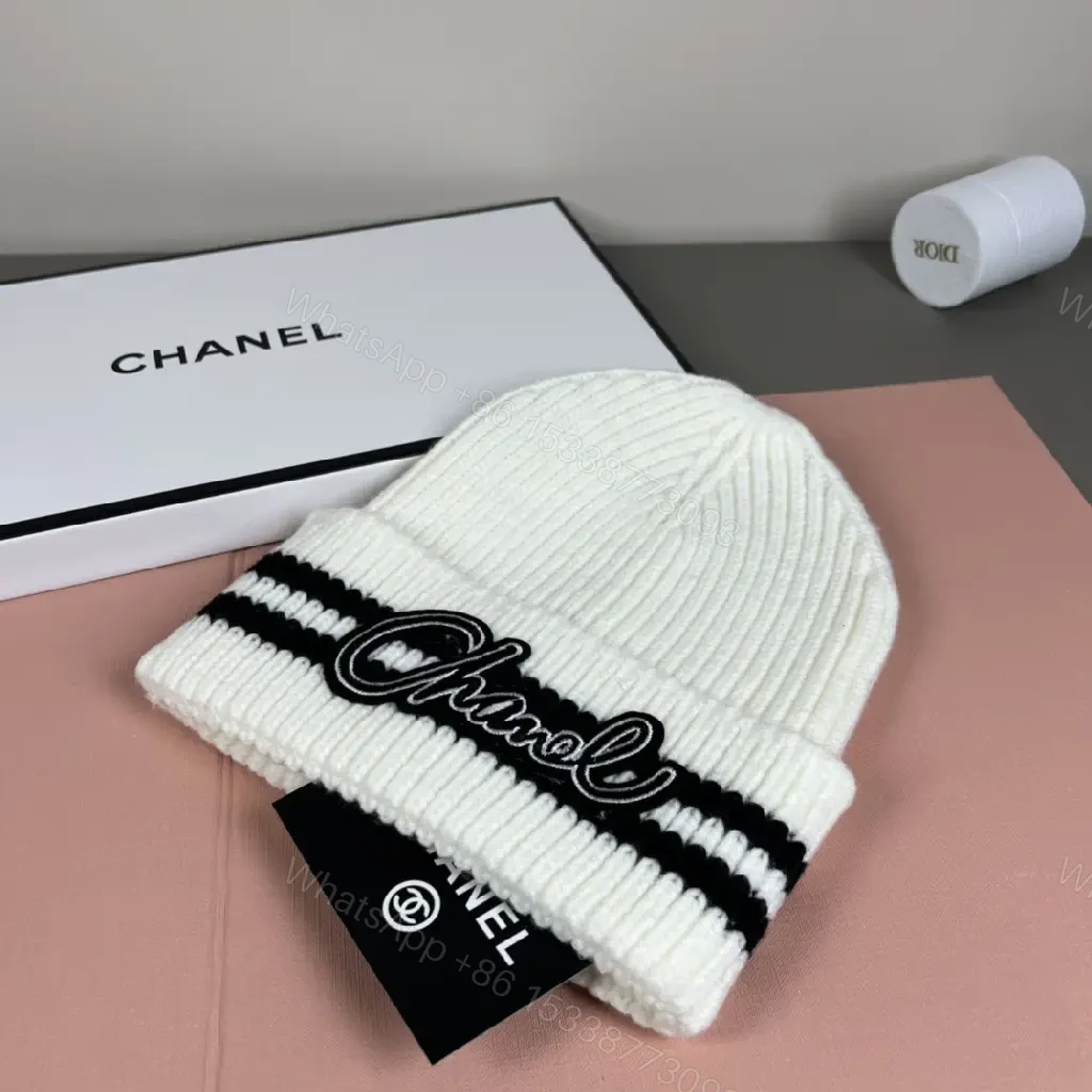 View 10 of Tan Knit Beanie Ribbed Knit Folded Cuff CHANEL Logo Embroidery Beanie