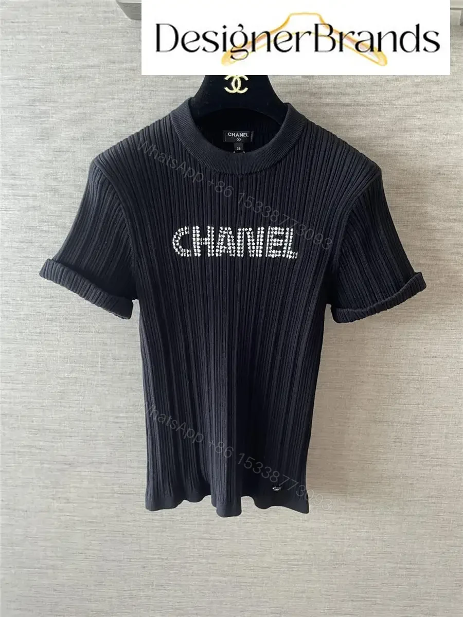 View 3 of Knit Tee: Rhinestone Logo, Modern Texture, Luxe Presence