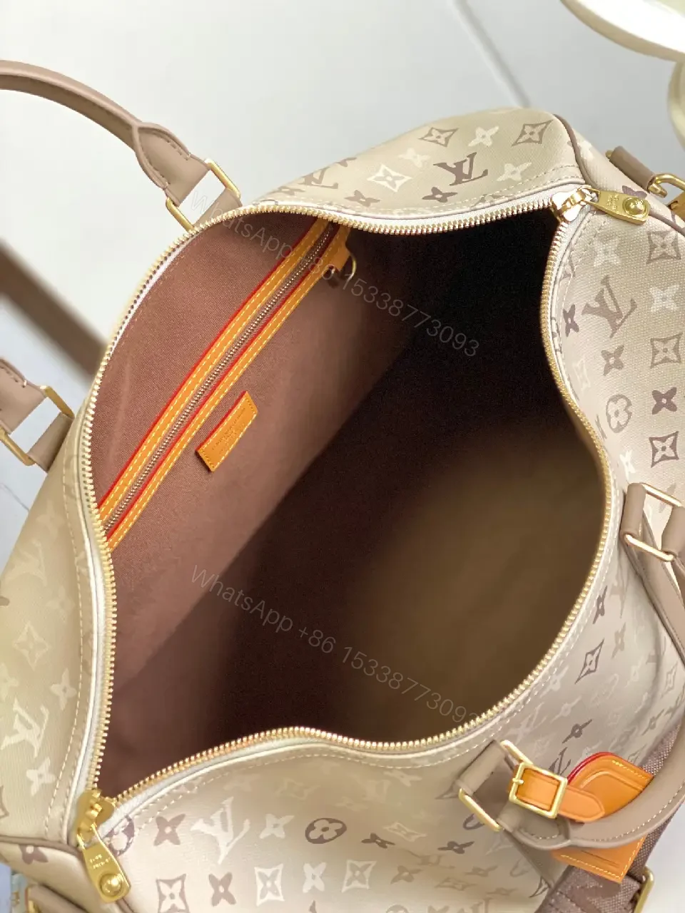 View 5 of Light Taupe LV Monogram Duffle — Canvas, Leather Trim, Top Zip, Recessed Gold Hardware